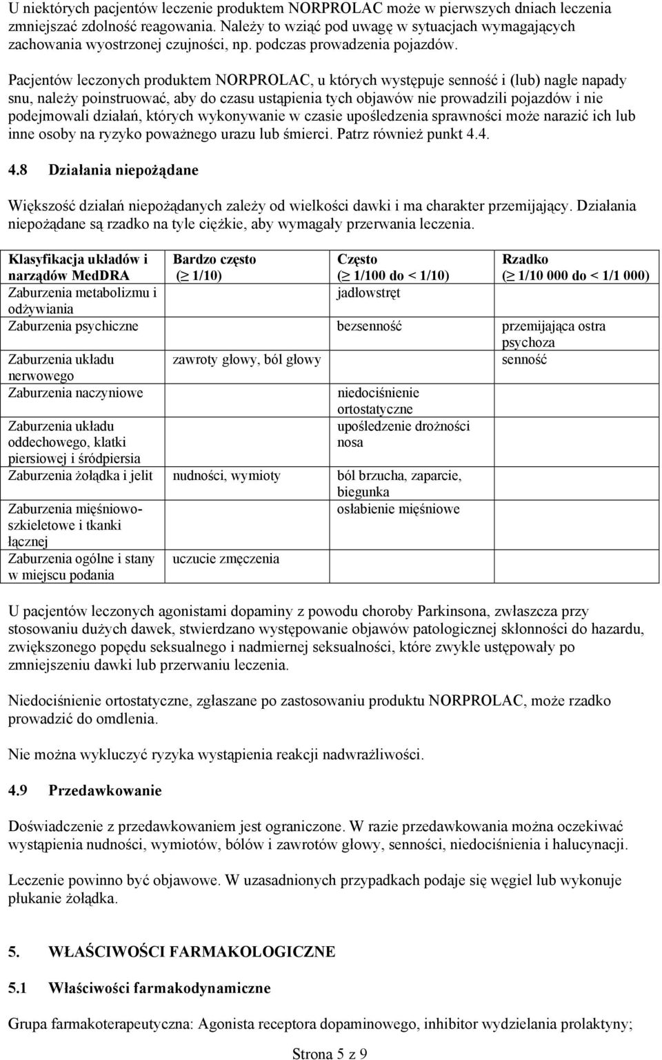 Pacjentów leczonych produktem NORPROLAC, u których występuje senność i (lub) nagłe napady snu, należy poinstruować, aby do czasu ustąpienia tych objawów nie prowadzili pojazdów i nie podejmowali