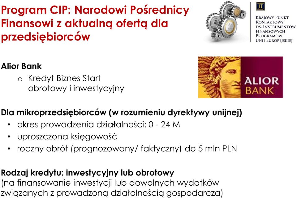 0-24 M uproszczona księgowość roczny obrót (prognozowany/ faktyczny) do 5 mln PLN Rodzaj kredytu: inwestycyjny