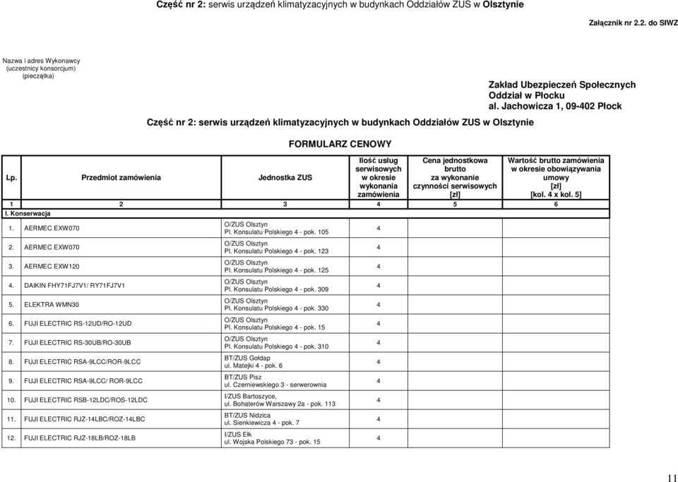 2. do SIWZ Nazwa i adres Wykonawcy (uczestnicy konsorcjum) (pieczątka)  serwis urządzeń klimatyzacyjnych w budynkach Oddziałów ZUS w Olsztynie Zakład Ubezpieczeń Społecznych Oddział w Płocku al.