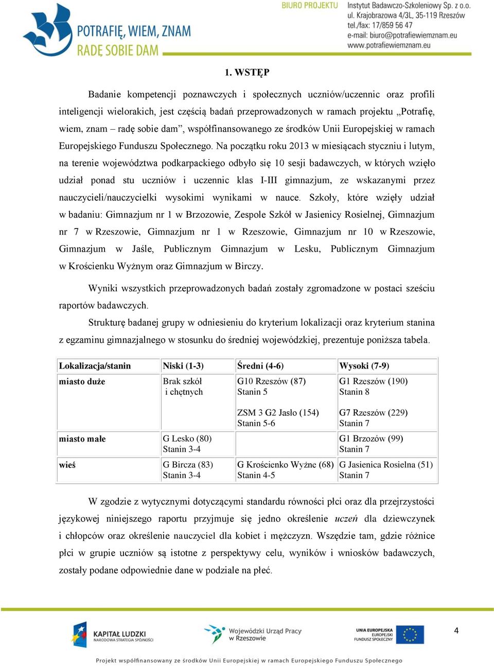 Na początku roku 2013 w miesiącach styczniu i lutym, na terenie województwa podkarpackiego odbyło się 10 sesji badawczych, w których wzięło udział ponad stu uczniów i uczennic klas I-III gimnazjum,