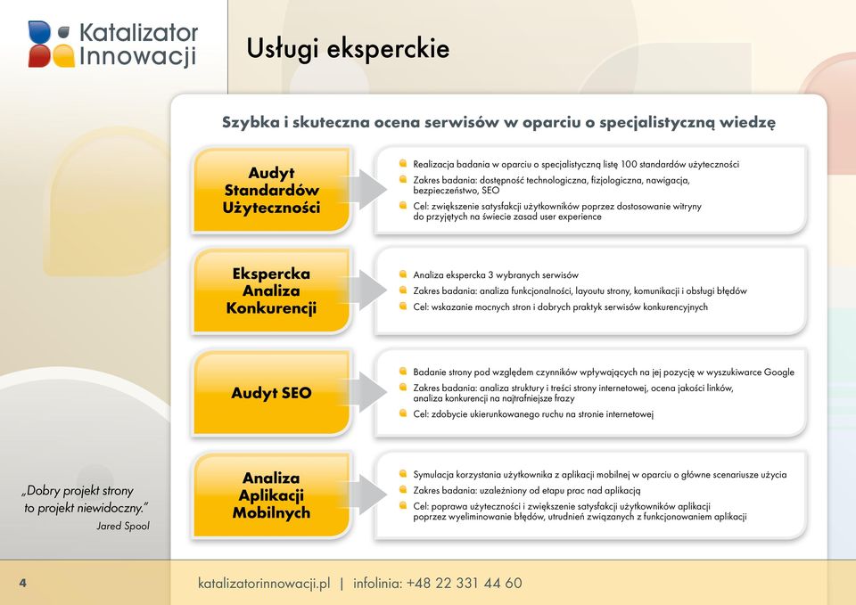 experience Ekspercka Analiza Konkurencji Analiza ekspercka 3 wybranych serwisów Zakres badania: analiza funkcjonalności, layoutu strony, komunikacji i obsługi błędów Cel: wskazanie mocnych stron i