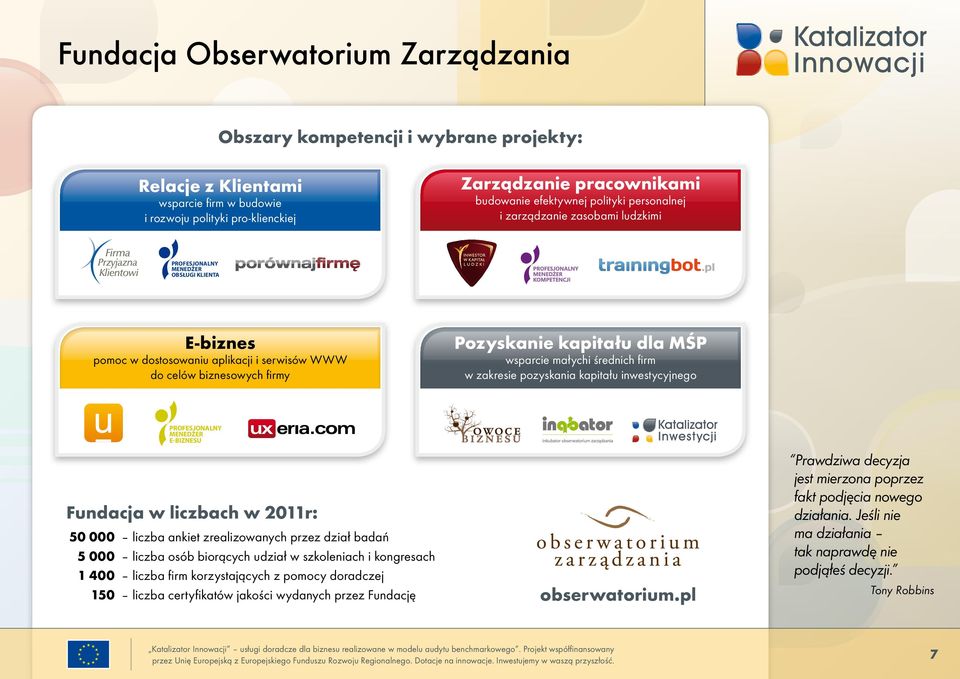 MŚP wsparcie małychi średnich firm w zakresie pozyskania kapitału inwestycyjnego PROFESJONALNY MENEDŻER E-BIZNESU Fundacja w liczbach w 2011r: 50 000 liczba ankiet zrealizowanych przez dział badań 5