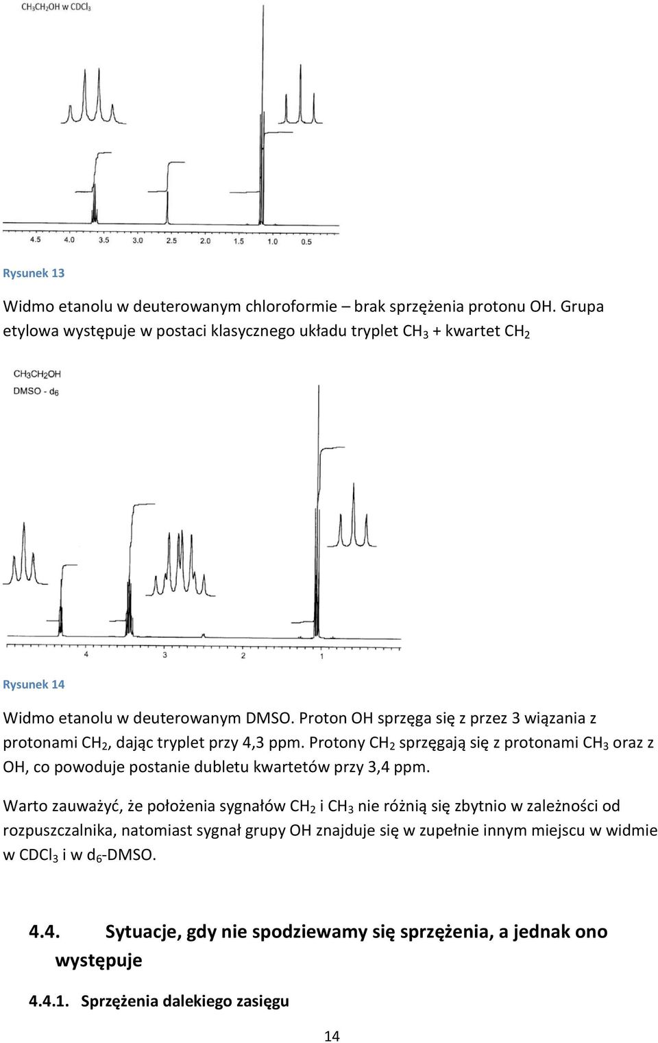 Proton OH sprzęga się z przez 3 wiązania z protonami CH 2, dając tryplet przy 4,3 ppm.