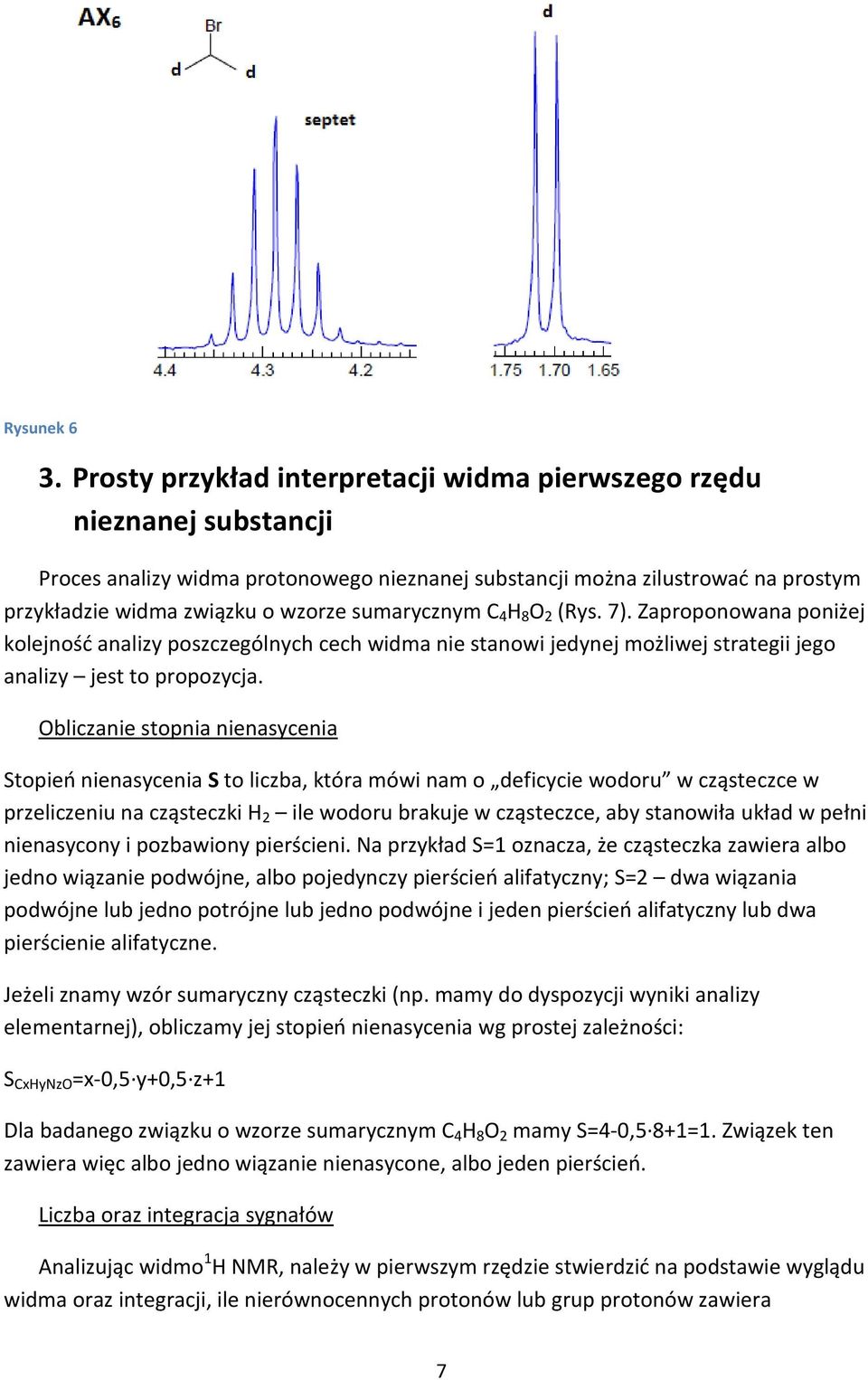 sumarycznym C 4 H 8 O 2 (Rys. 7). Zaproponowana poniżej kolejność analizy poszczególnych cech widma nie stanowi jedynej możliwej strategii jego analizy jest to propozycja.