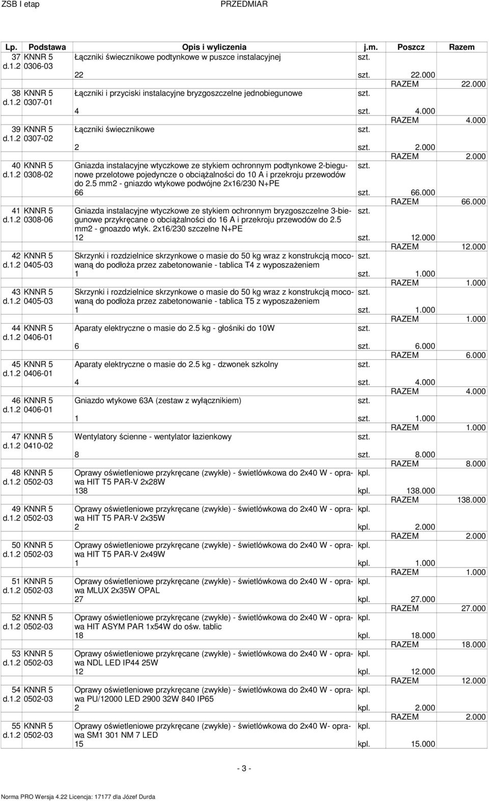 000 4 4.000 Łączniki świecznikowe 2 2.000 Gniazda instalacyjne wtyczkowe ze stykie ochronny podtynkowe 2-biegunowe przelotowe pojedyncze o obciążalności do 10 A i przekroju przewodów do 2.