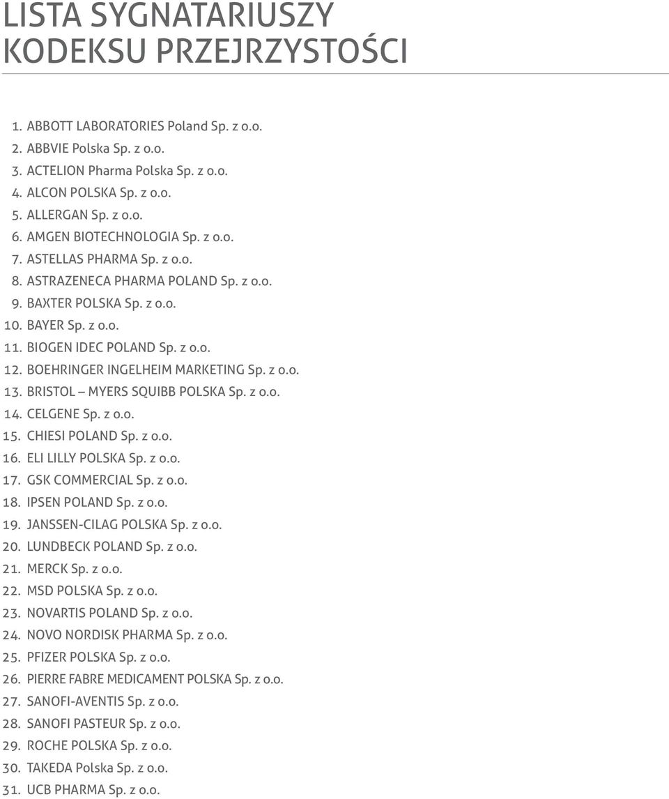 BOEHRINGER INGELHEIM MARKETING Sp. z o.o. 13. BRISTOL MYERS SQUIBB POLSKA Sp. z o.o. 14. CELGENE Sp. z o.o. 15. CHIESI POLAND Sp. z o.o. 16. ELI LILLY POLSKA Sp. z o.o. 17. GSK COMMERCIAL Sp. z o.o. 18.