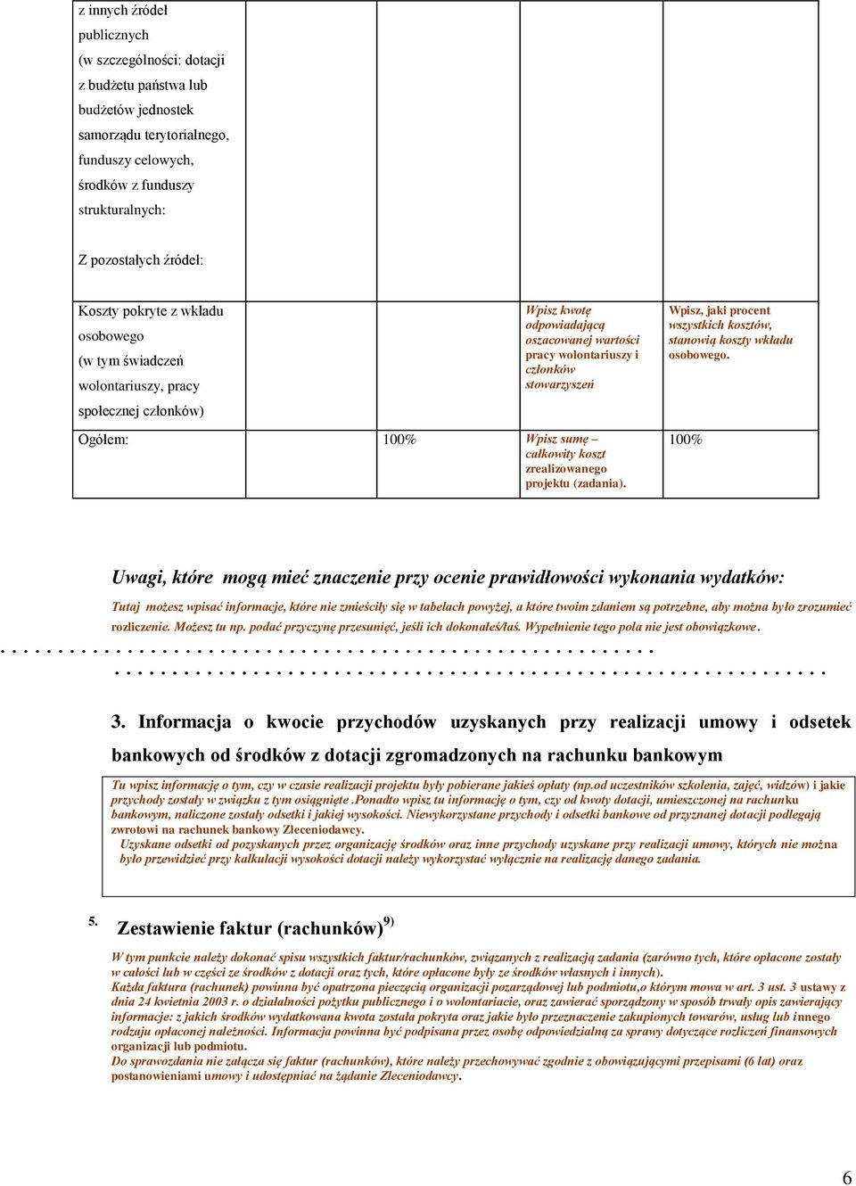 wszystkich kosztów, stanowią koszty wkładu osobowego. Ogółem: 100% Wpisz sumę całkowity koszt zrealizowanego projektu ().