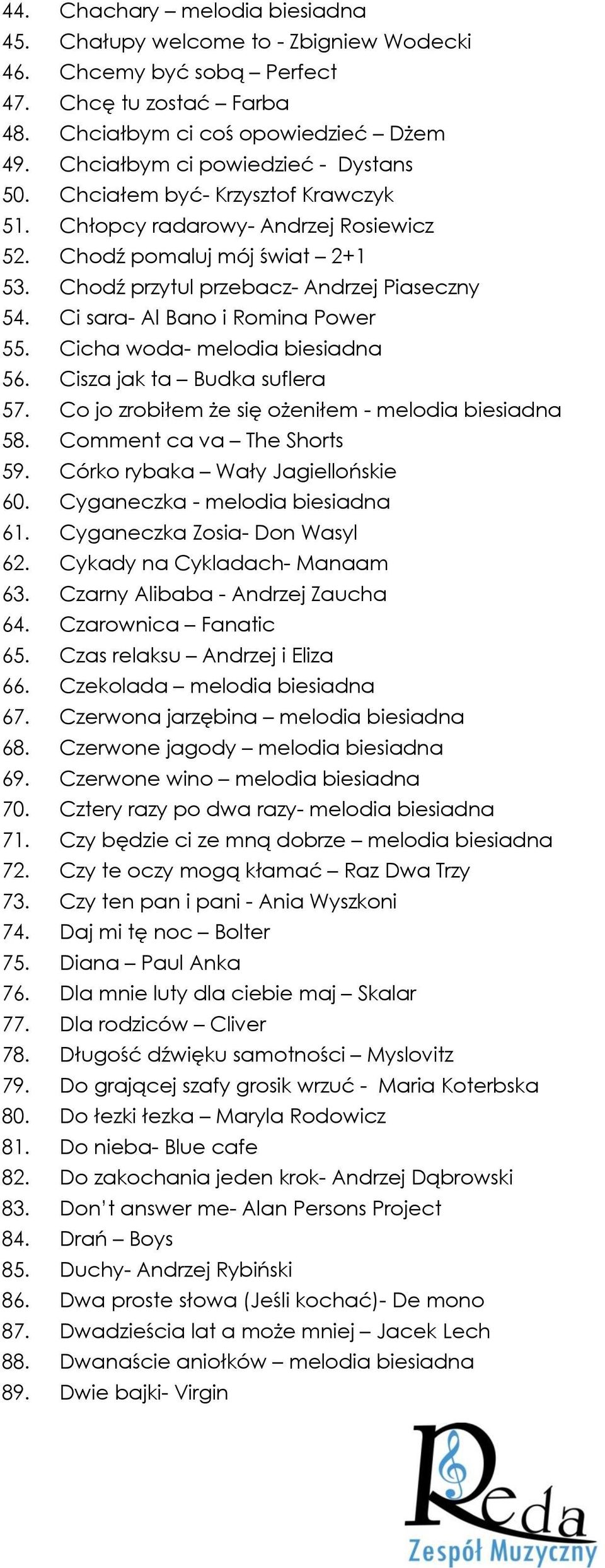 Ci sara- Al Bano i Romina Power 55. Cicha woda- melodia biesiadna 56. Cisza jak ta Budka suflera 57. Co jo zrobiłem że się ożeniłem - melodia biesiadna 58. Comment ca va The Shorts 59.