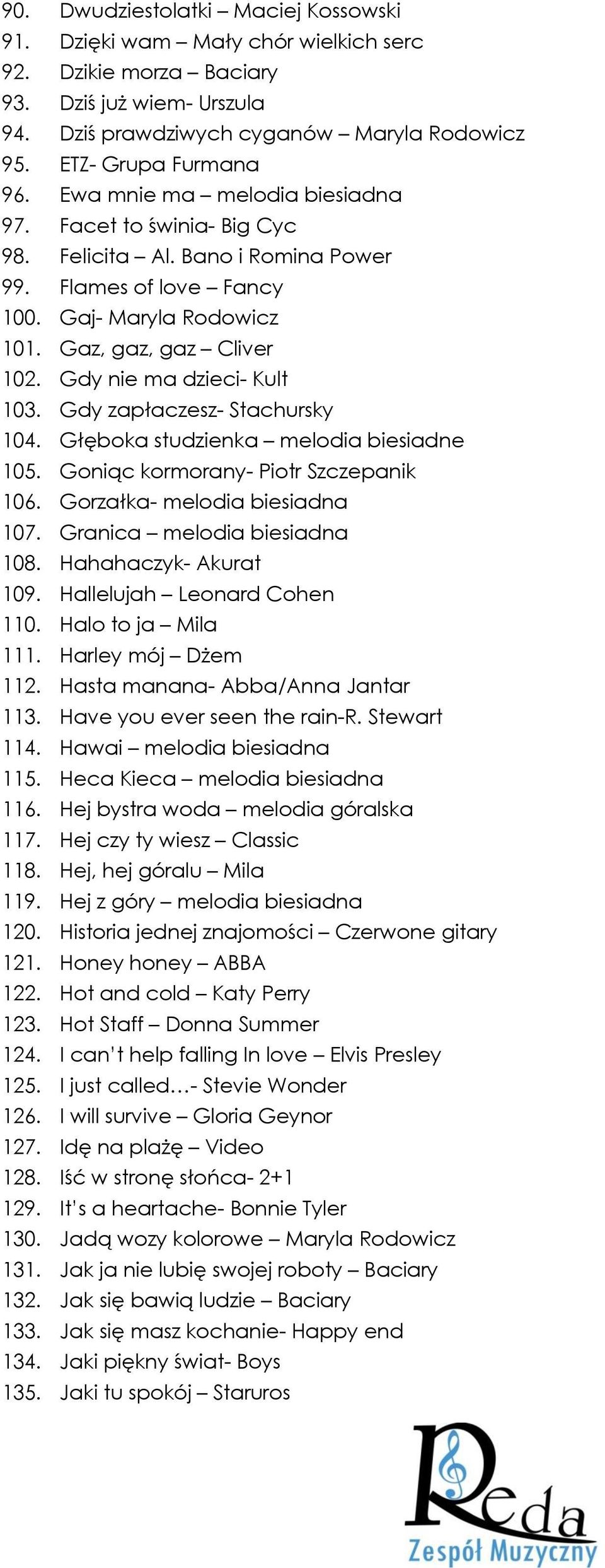 Gdy nie ma dzieci- Kult 103. Gdy zapłaczesz- Stachursky 104. Głęboka studzienka melodia biesiadne 105. Goniąc kormorany- Piotr Szczepanik 106. Gorzałka- melodia biesiadna 107.