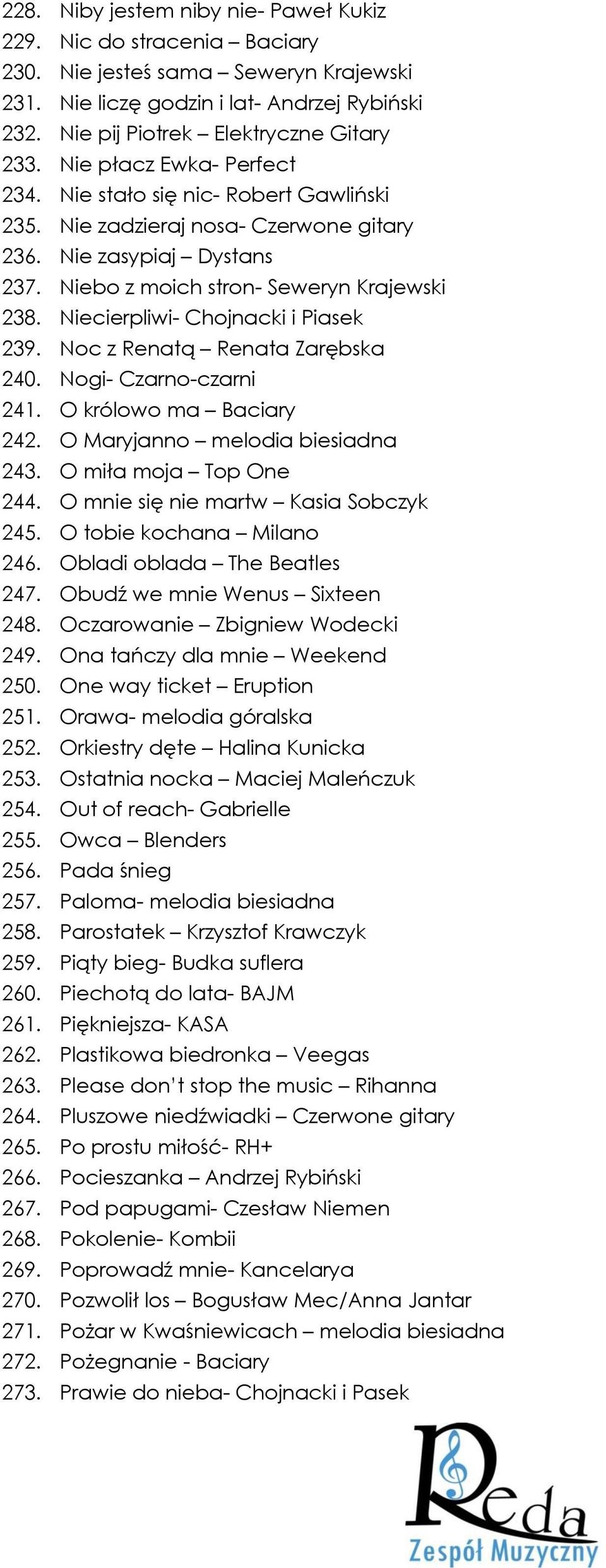 Niecierpliwi- Chojnacki i Piasek 239. Noc z Renatą Renata Zarębska 240. Nogi- Czarno-czarni 241. O królowo ma Baciary 242. O Maryjanno melodia biesiadna 243. O miła moja Top One 244.