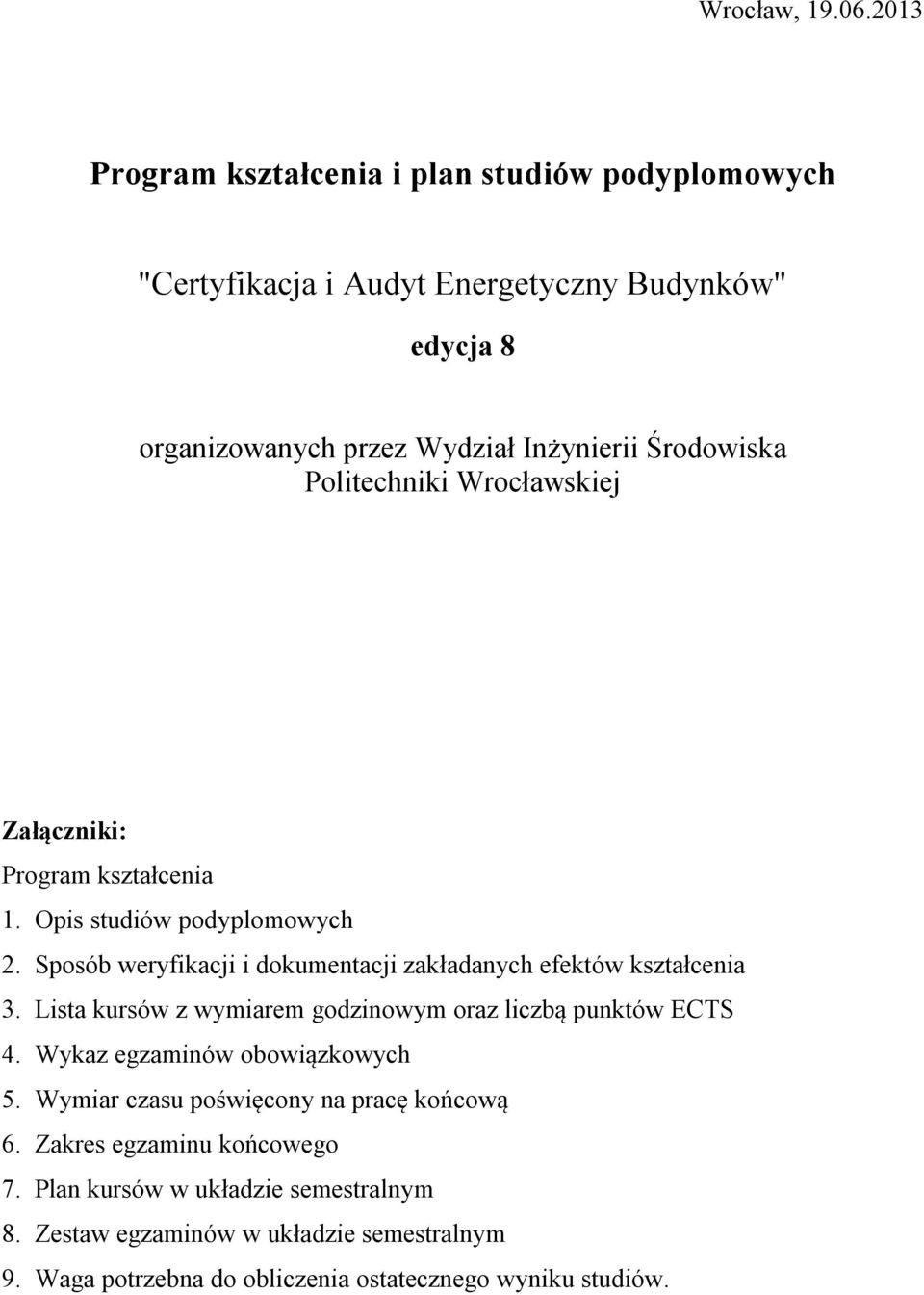 Politechniki rocławskiej Załączniki: Program kształcenia 1. Opis studiów podyplomowych. Sposób weryfikacji i dokumentacji zakładanych efektów kształcenia 3.