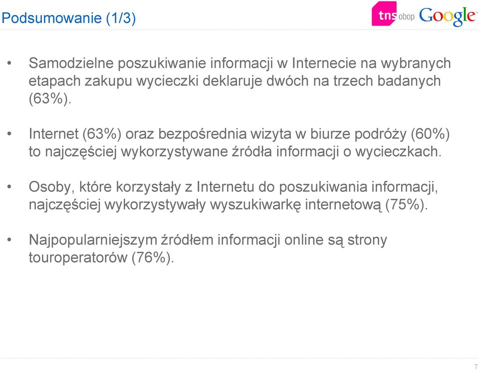 Internet (63%) oraz bezpośrednia wizyta w biurze podróży (6) to najczęściej wykorzystywane źródła informacji o