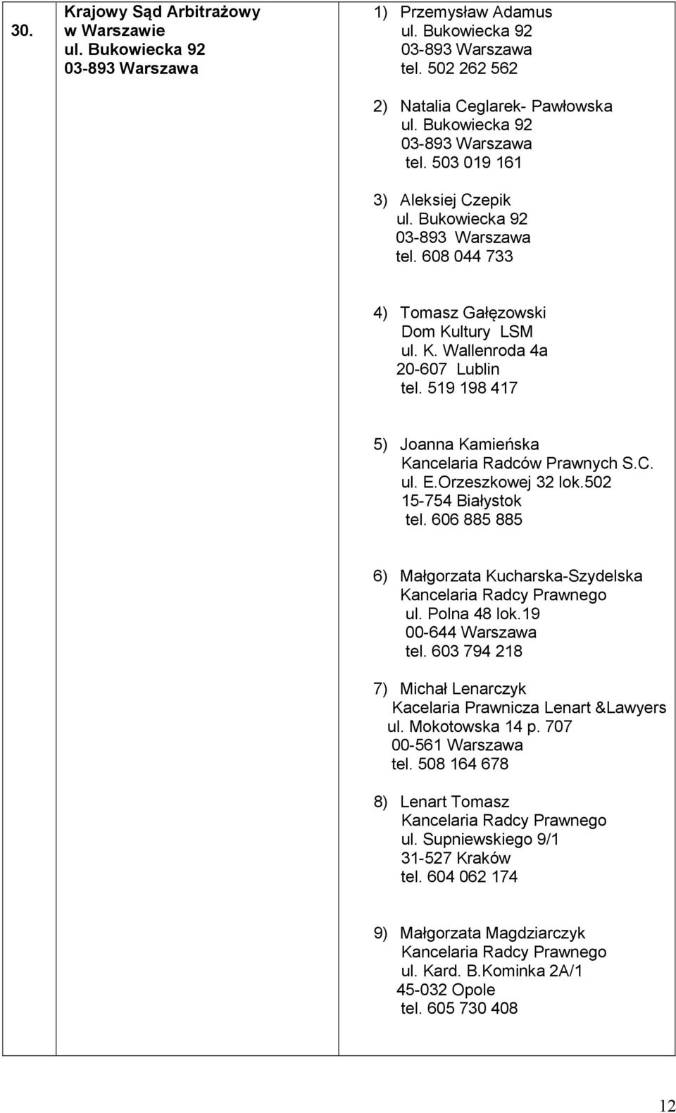 502 15-754 Białystok tel. 606 885 885 6) Małgorzata Kucharska-Szydelska Kancelaria Radcy Prawnego ul. Polna 48 lok.19 00-644 Warszawa tel.