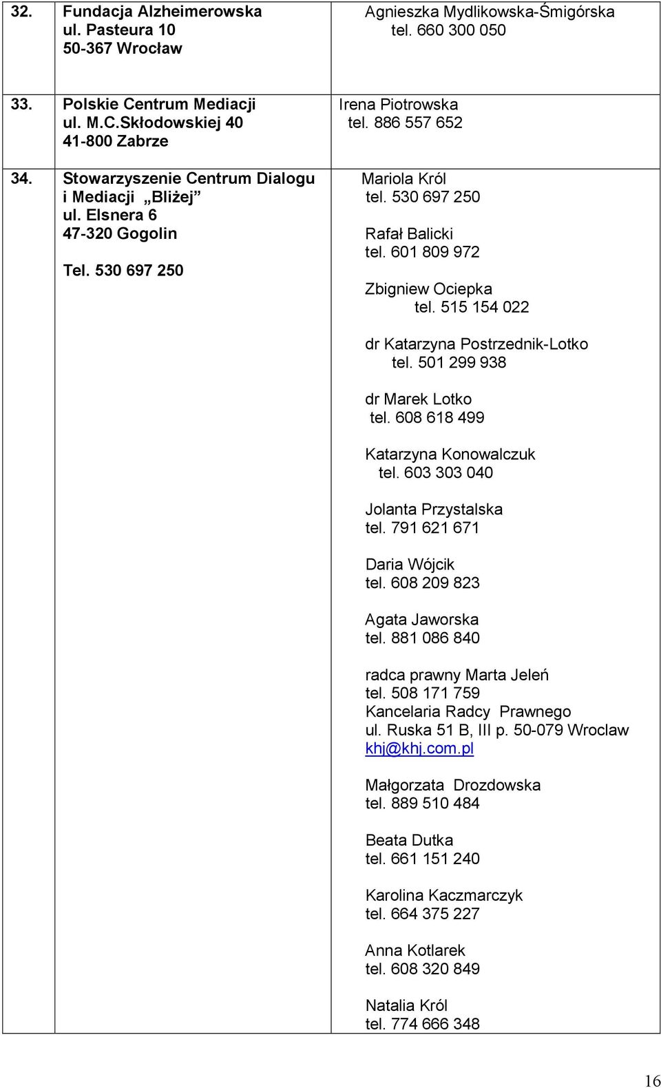 601 809 972 Zbigniew Ociepka tel. 515 154 022 dr Katarzyna Postrzednik-Lotko tel. 501 299 938 dr Marek Lotko tel. 608 618 499 Katarzyna Konowalczuk tel. 603 303 040 Jolanta Przystalska tel.