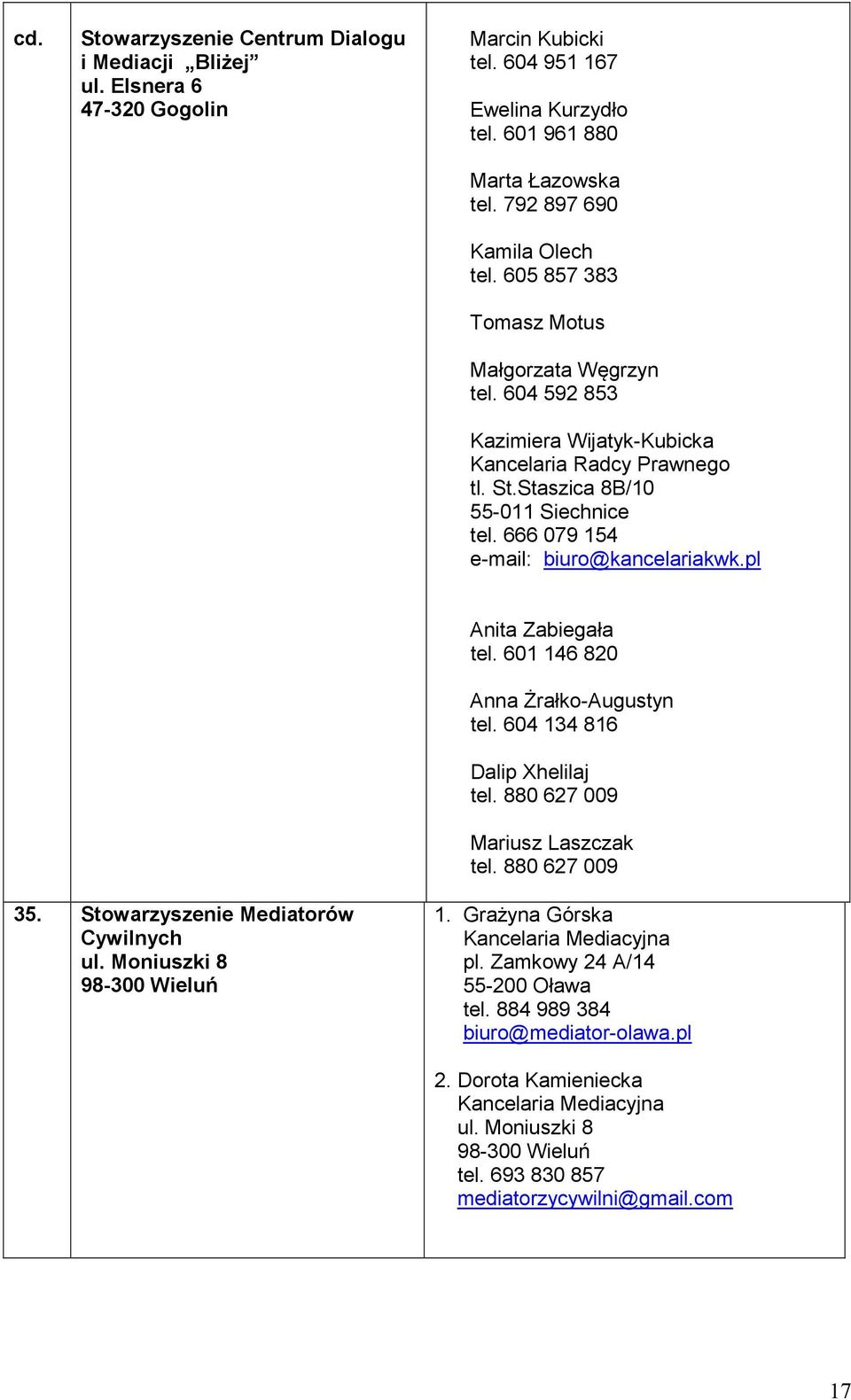 pl Anita Zabiegała tel. 601 146 820 Anna Żrałko-Augustyn tel. 604 134 816 Dalip Xhelilaj tel. 880 627 009 Mariusz Laszczak tel. 880 627 009 35. Stowarzyszenie Mediatorów Cywilnych ul.