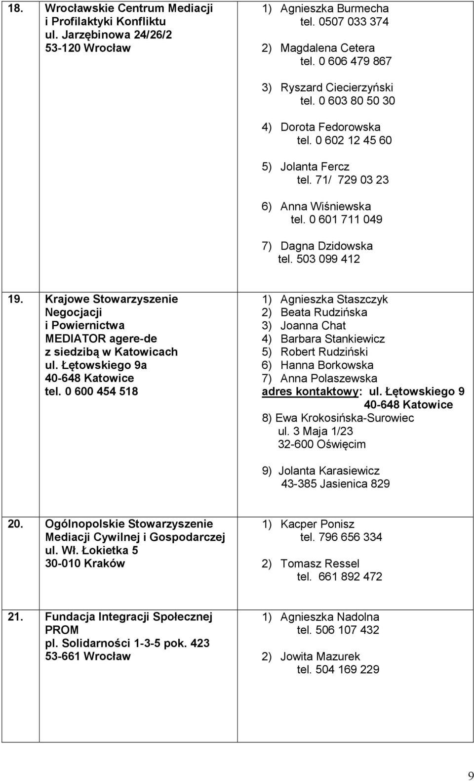 503 099 412 19. Krajowe Stowarzyszenie Negocjacji i Powiernictwa MEDIATOR agere-de z siedzibą w Katowicach ul. Łętowskiego 9a 40-648 Katowice tel.