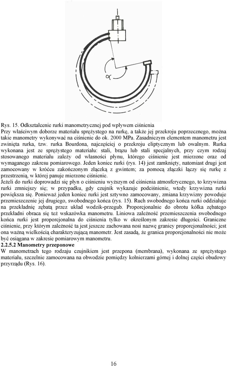 2000 MPa. Zasadniczym elementem manometru jest zwinięta rurka, tzw. rurka Bourdona, najczęściej o przekroju eliptycznym lub owalnym.