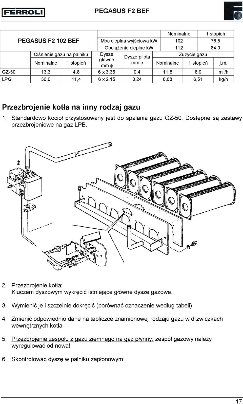 Standardowo kocioł przystosowany jest do spalania gazu GZ-50. Dostępne są zestawy przezbrojeniowe na gaz LPB. 2. Przezbrojenie kotła: Kluczem dyszowym wykręcić istniejące główne dysze gazowe. 3.