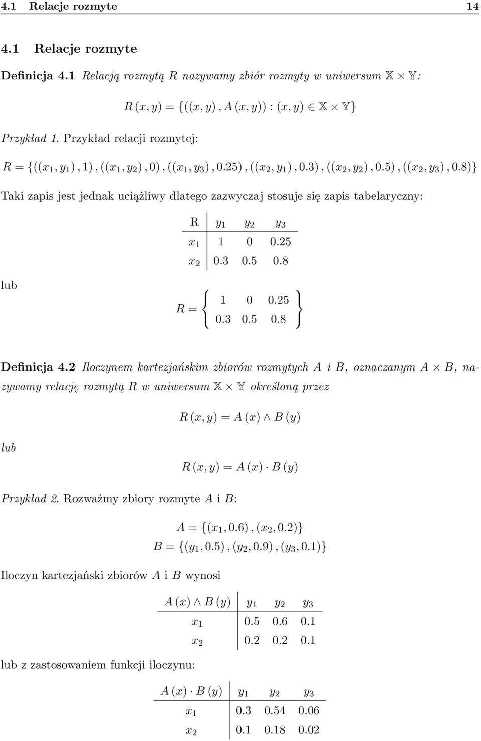 8)} Taki zapis jest jednak uciążliwy dlatego zazwyczaj stosuje się zapis tabelaryczny: R y 1 y 2 y 3 x 1 1 0 0.25 x 2 0.3 0.5 0.8 lub 1 0 0.25 R = 0.3 0.5 0.8 Definicja 4.