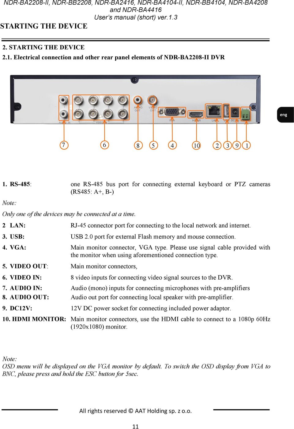 2 LAN: RJ-45 connector port for connecting to the local network and internet. 3. USB: USB 2.0 port for external Flash memory and mouse connection. 4. VGA: Main monitor connector, VGA type.