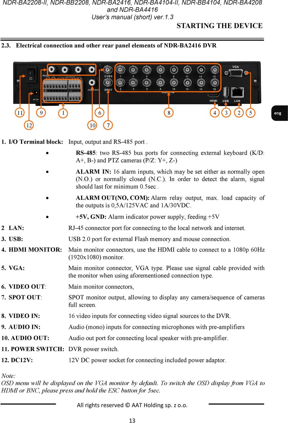 RS-485: two RS-485 bus ports for connecting external keyboard (K/D: A+, B-) and PTZ cameras (P/Z: Y+, Z-) ALARM IN: 16 alarm inputs, which may be set either as normally open (N.O.