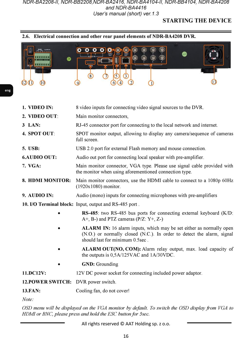 4. SPOT OUT: SPOT monitor output, allowing to display any camera/sequence of cameras full screen. 5. USB: USB 2.0 port for external Flash memory and mouse connection. 6.