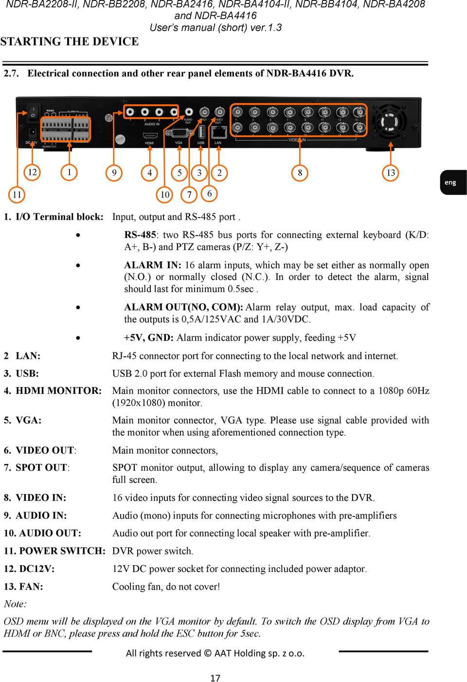 RS-485: two RS-485 bus ports for connecting external keyboard (K/D: A+, B-) and PTZ cameras (P/Z: Y+, Z-) ALARM IN: 16 alarm inputs, which may be set either as normally open (N.O.