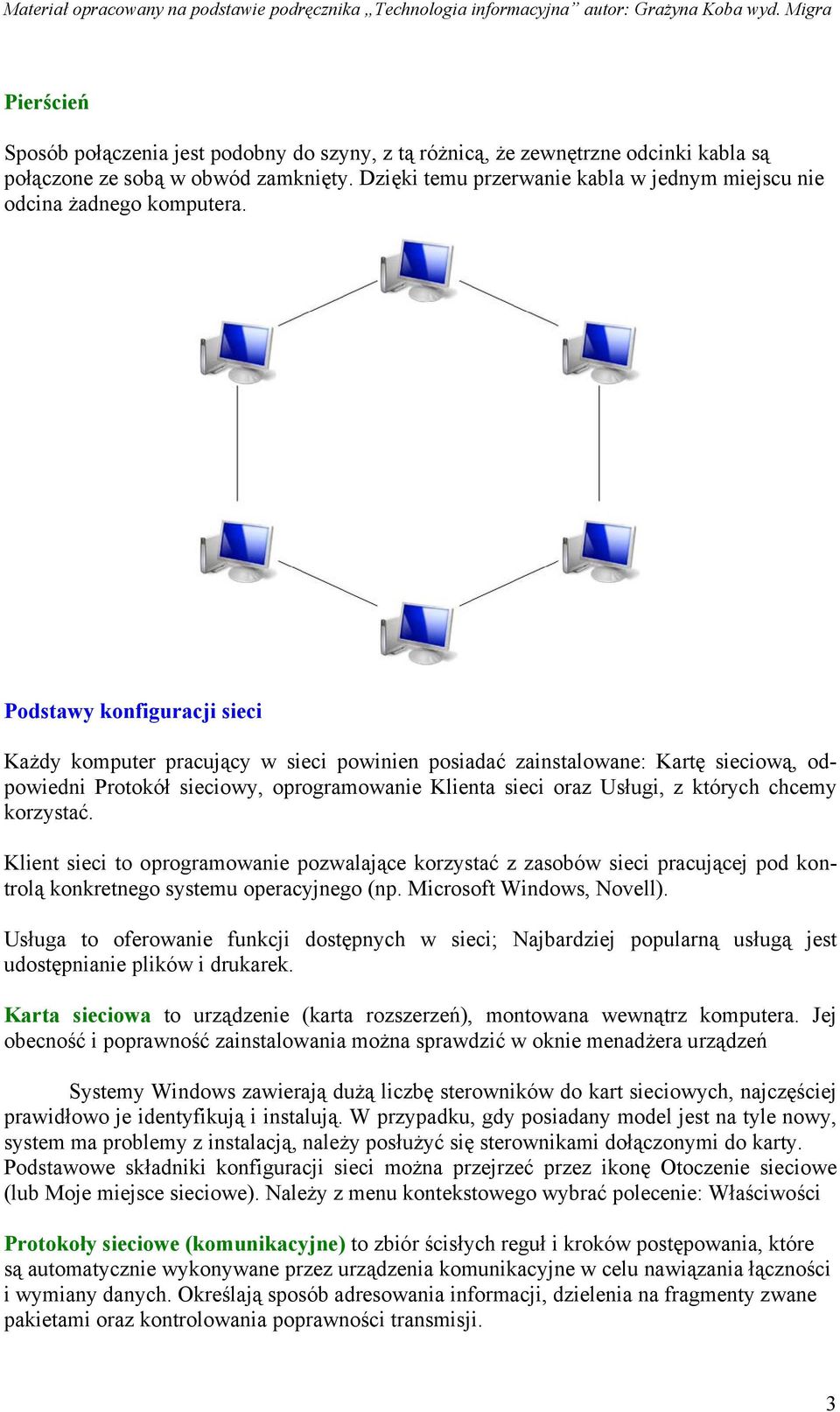 Podstawy konfiguracji sieci Każdy komputer pracujący w sieci powinien posiadać zainstalowane: Kartę sieciową, odpowiedni Protokół sieciowy, oprogramowanie Klienta sieci oraz Usługi, z których chcemy