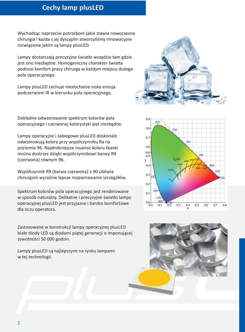Lampy plusled cechuje niesłychanie niska emisja podczerwieni IR w kierunku pola operacyjnego. Dokładne odwzorowanie spektrum kolorów pola operacyjnego i czerwonej kolorystyki jest niezbędne.