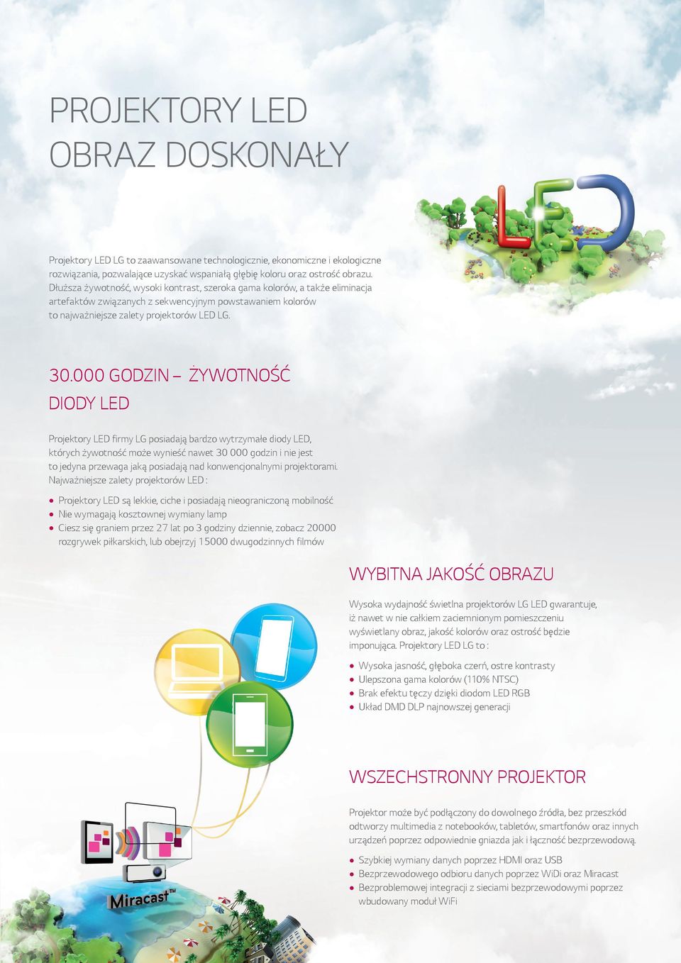 000 GODZIN ŻYWOTNOŚĆ DIODY LED Projektory LED firmy LG posiadają bardzo wytrzymałe diody LED, których żywotność może wynieść nawet 30 000 godzin i nie jest to jedyna przewaga jaką posiadają nad