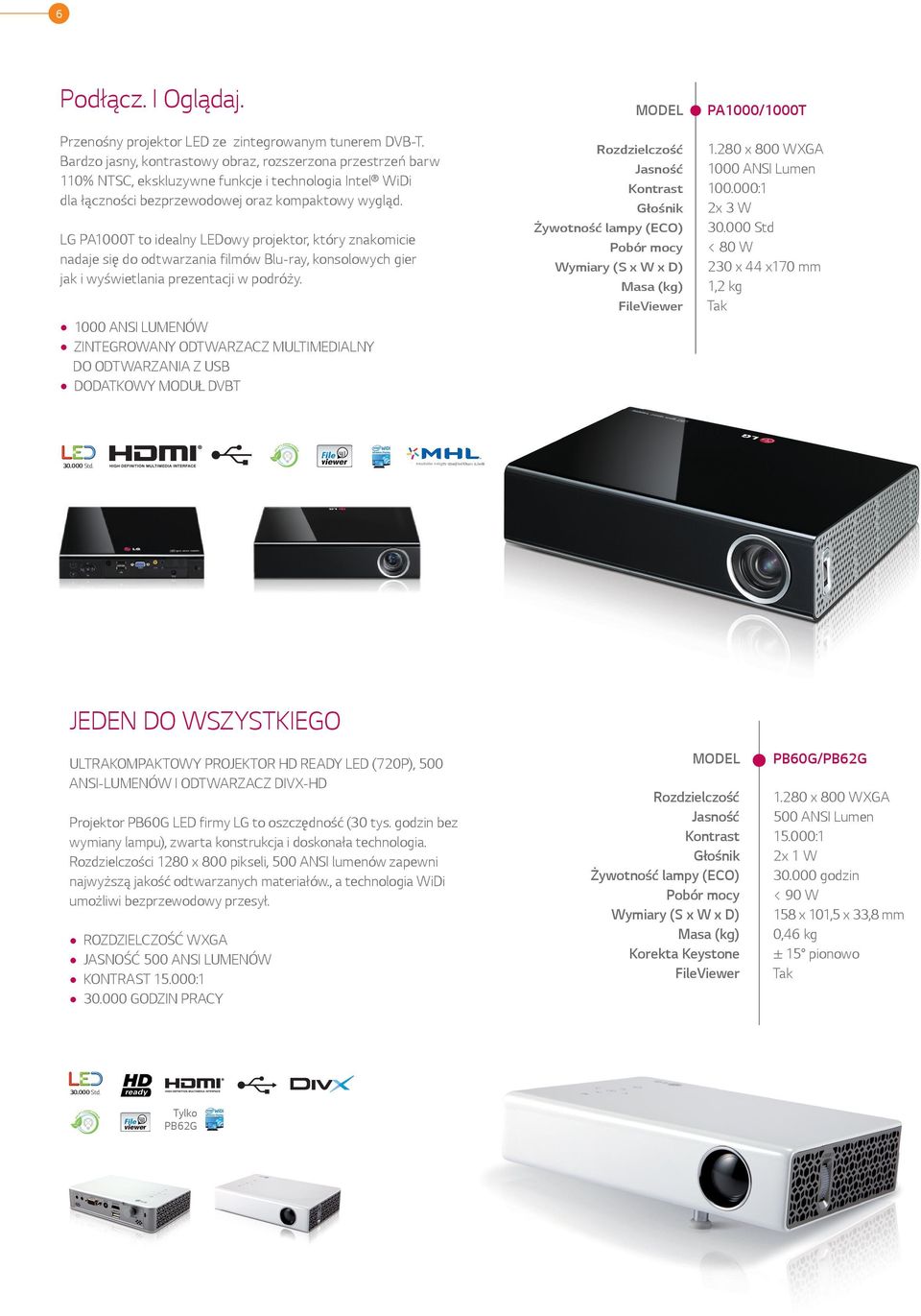 LG PA1000T to idealny LEDowy projektor, który znakomicie nadaje się do odtwarzania filmów Blu-ray, konsolowych gier jak i wyświetlania prezentacji w podróży.