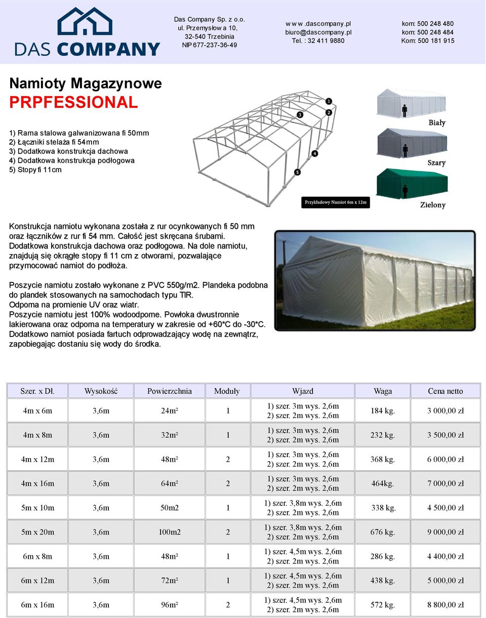 Na dole namiotu, znajdują się okrągłe stopy fi 11 cm z otworami, pozwalające przymocować namiot do podłoża. Poszycie namiotu zostało wykonane z PVC 550g/m2.