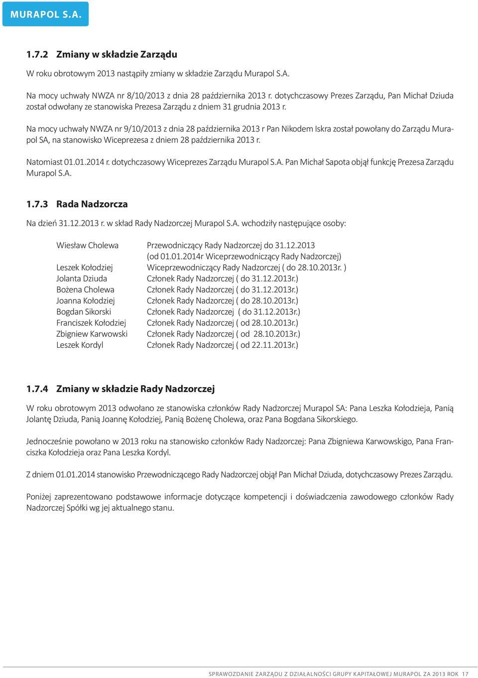 Na mocy uchwały NWZA nr 9/10/2013 z dnia 28 października 2013 r Pan Nikodem Iskra został powołany do Zarządu Murapol SA, na stanowisko Wiceprezesa z dniem 28 października 2013 r. Natomiast 01.01.2014 r.