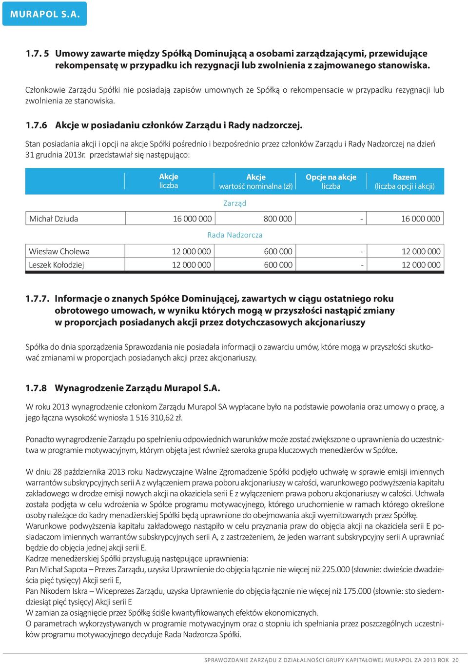 Stan posiadania akcji i opcji na akcje Spółki pośrednio i bezpośrednio przez członków Zarządu i Rady Nadzorczej na dzień 31 grudnia 2013r.