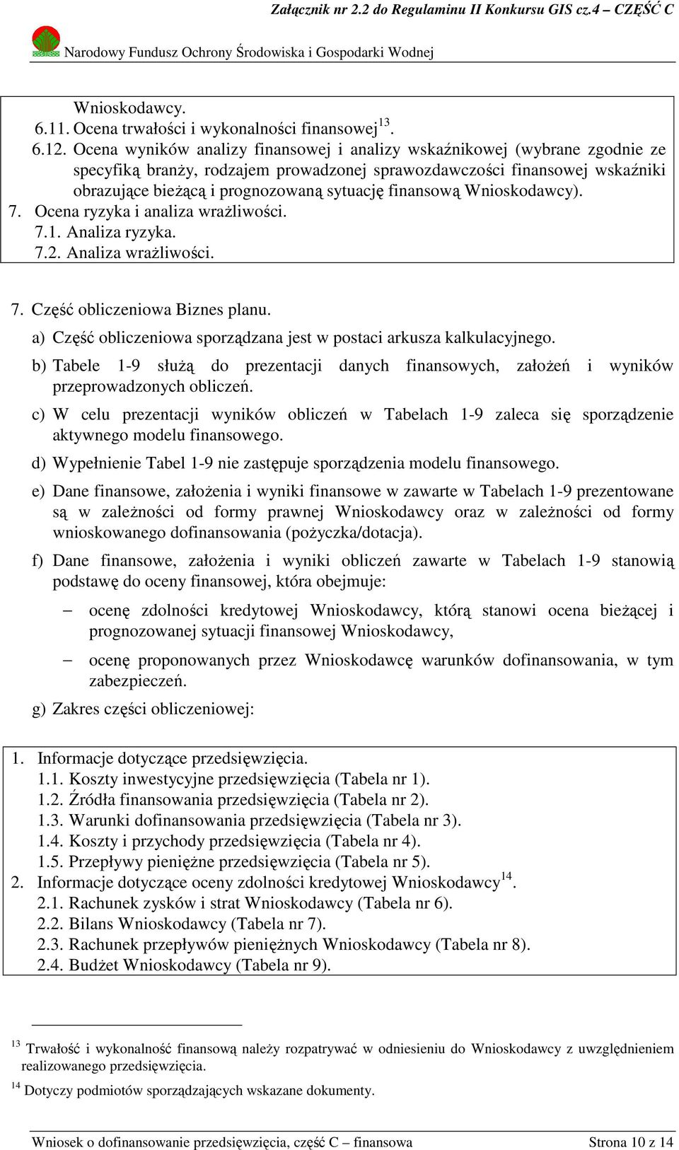 finansową Wnioskodawcy). 7. Ocena ryzyka i analiza wrażliwości. 7.1. Analiza ryzyka. 7.2. Analiza wrażliwości. 7. Część obliczeniowa Biznes planu.