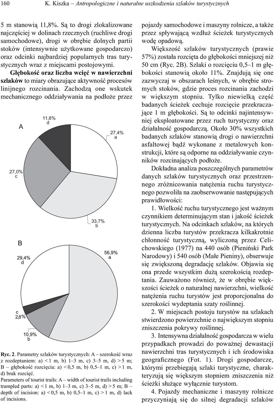 popularnych tras turystycznych wraz z miejscami postojowymi. Głębokość oraz liczba wcięć w nawierzchni szlaków to miary obrazujące aktywność procesów linijnego rozcinania.