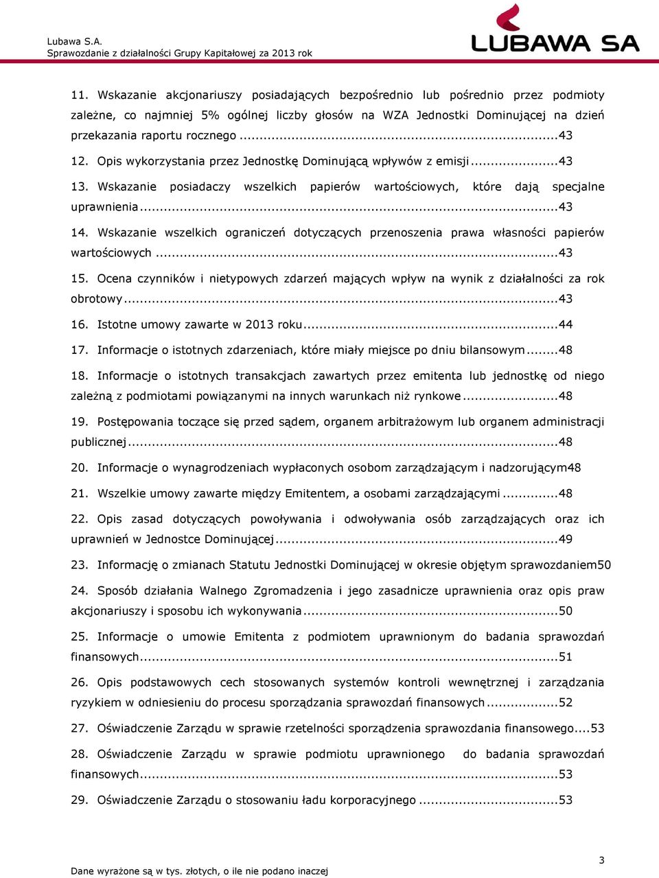 Wskazanie wszelkich ograniczeń dotyczących przenoszenia prawa własności papierów wartościowych... 43 15. Ocena czynników i nietypowych zdarzeń mających wpływ na wynik z działalności za rok obrotowy.
