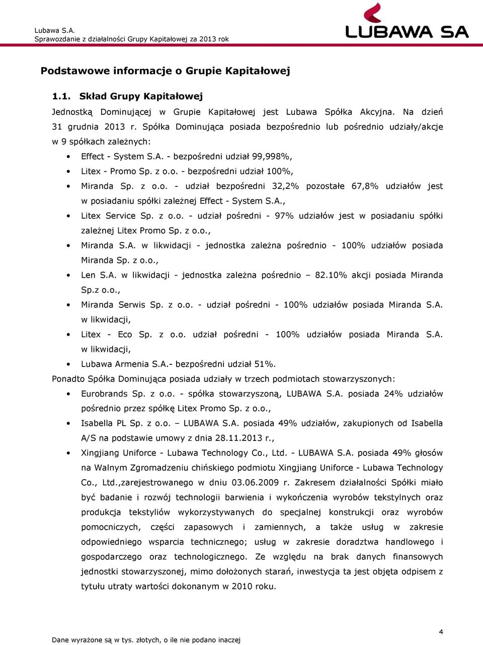 z o.o. - udział bezpośredni 32,2% pozostałe 67,8% udziałów jest w posiadaniu spółki zależnej Effect - System S.A., Litex Service Sp. z o.o. - udział pośredni - 97% udziałów jest w posiadaniu spółki zależnej Litex Promo Sp.
