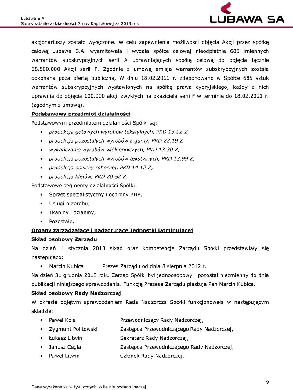 000 Akcji serii F. Zgodnie z umową emisja warrantów subskrypcyjnych została dokonana poza ofertą publiczną. W dniu 18.02.2011 r.