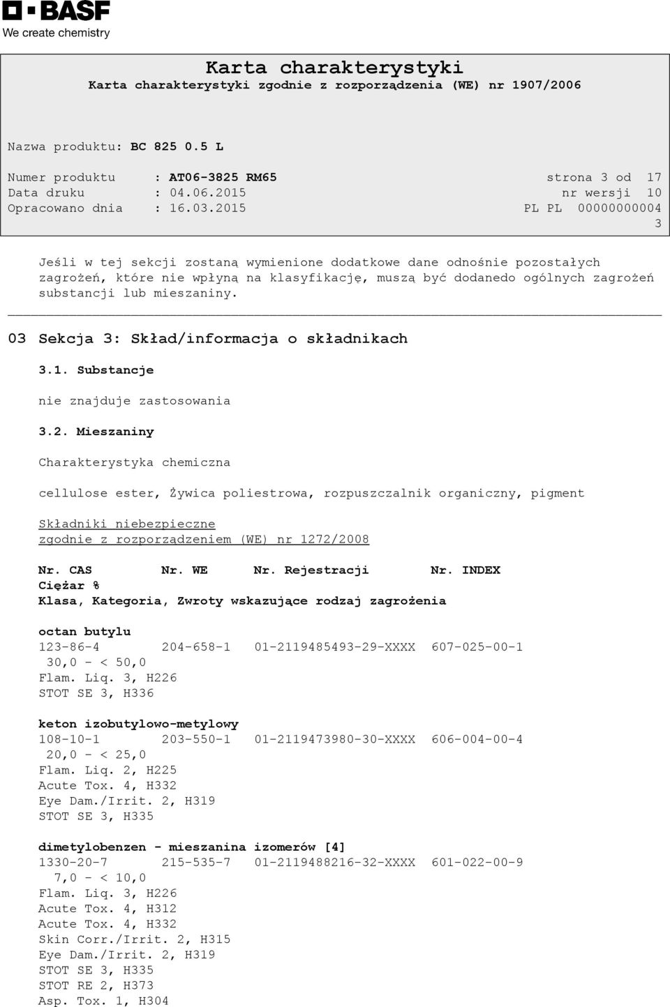 Mieszaniny Charakterystyka chemiczna cellulose ester, Żywica poliestrowa, rozpuszczalnik organiczny, pigment Składniki niebezpieczne zgodnie z rozporządzeniem (WE) nr 1272/2008 Nr. CAS Nr. WE Nr.