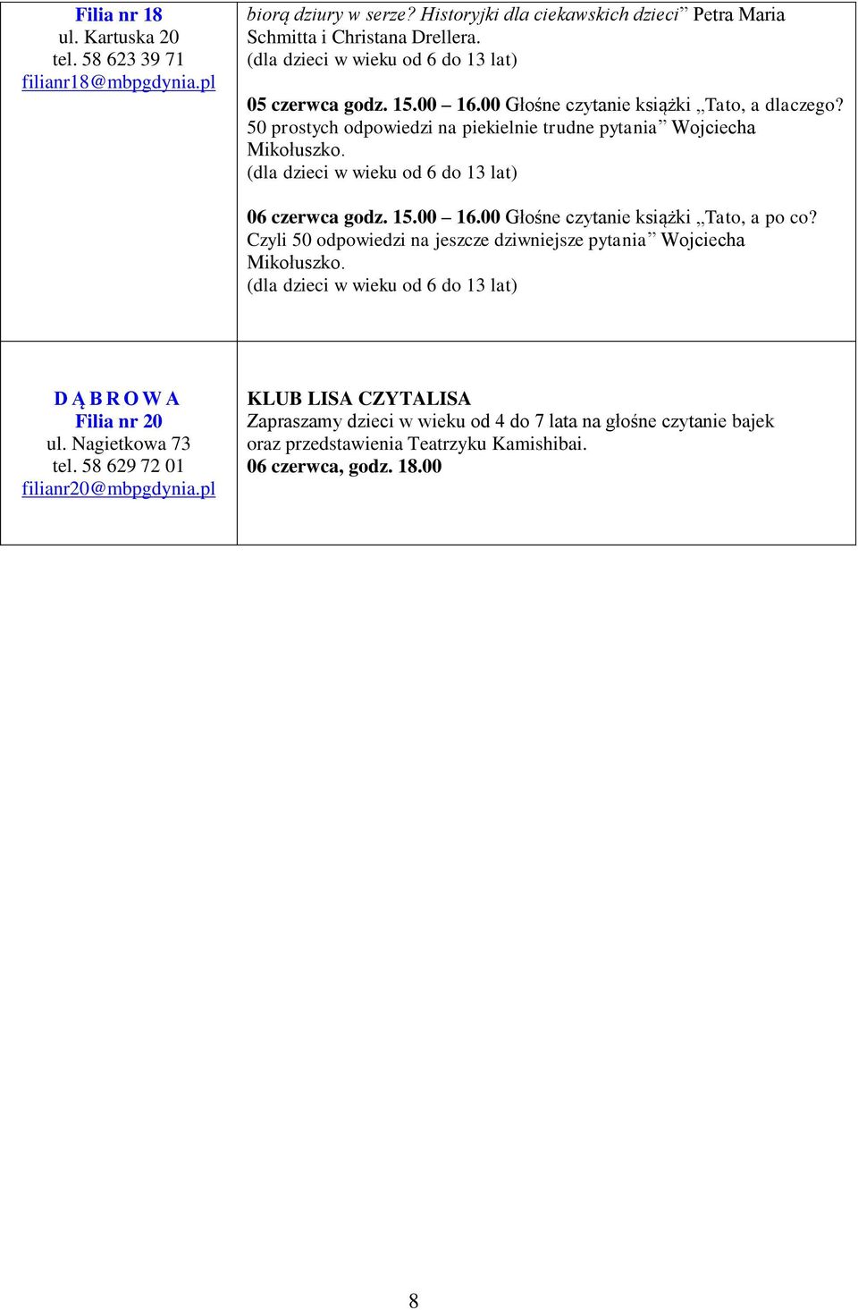 (dla dzieci w wieku od 6 do 13 lat) 06 czerwca godz. 15.00 16.00 Głośne czytanie książki Tato, a po co? Czyli 50 odpowiedzi na jeszcze dziwniejsze pytania Wojciecha Mikołuszko.
