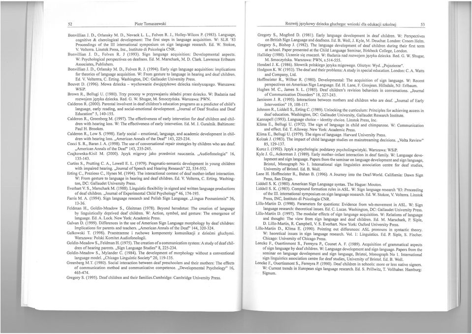 Sigo language acquisition: Developmental aspects. W: Psychological perspectives on deafness. Ed. M. Marschark, M. D. Clark. Lawrence Erlbaum Associates, Publishers. Bonvillian J. D., Orlansky M. D., Folven R.