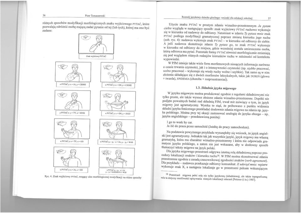wyjściowy PYTAĆ ruchowo wykonuje się w kierunku od nadawcy do odbiorcy. Natomiast w zdaniu Ty pytasz mnie znak PYTAĆ podlega modyfikacji gramatycznej poprzez zmianę kierunku jego ruchu (zob. ryc.