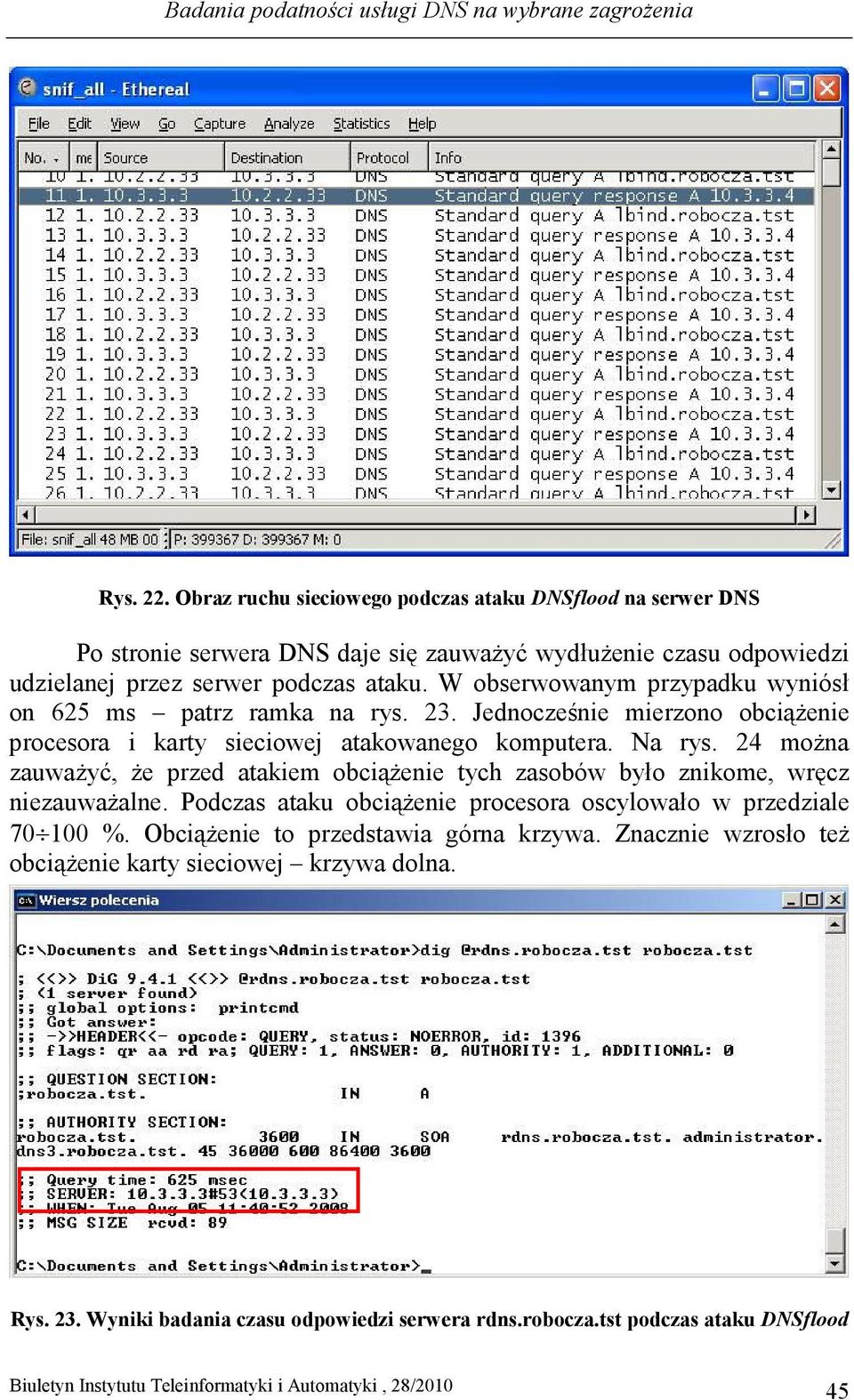 W obserwowanym przypadku wyniósł on 625 ms patrz ramka na rys. 23. Jednocześnie mierzono obciąŝenie procesora i karty sieciowej atakowanego komputera. Na rys.