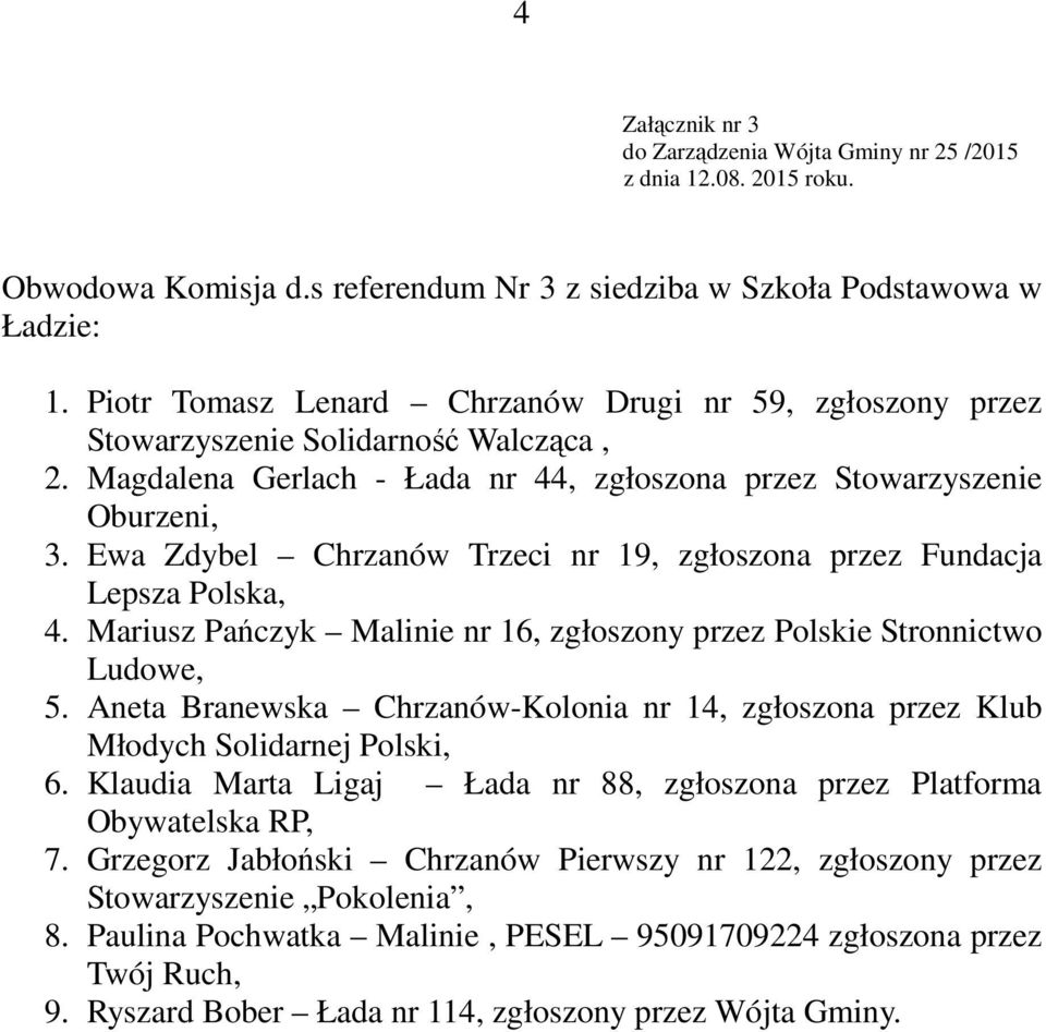 Ewa Zdybel Chrzanów Trzeci nr 19, zgłoszona przez Fundacja 4. Mariusz Pańczyk Malinie nr 16, zgłoszony przez Polskie Stronnictwo Ludowe, 5.