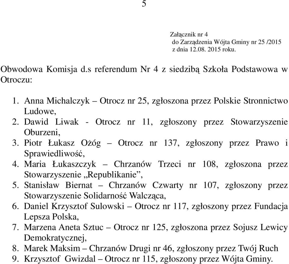 Piotr Łukasz OŜóg Otrocz nr 137, zgłoszony przez Prawo i Sprawiedliwość, 4. Maria Łukaszczyk Chrzanów Trzeci nr 108, zgłoszona przez Stowarzyszenie Republikanie, 5.