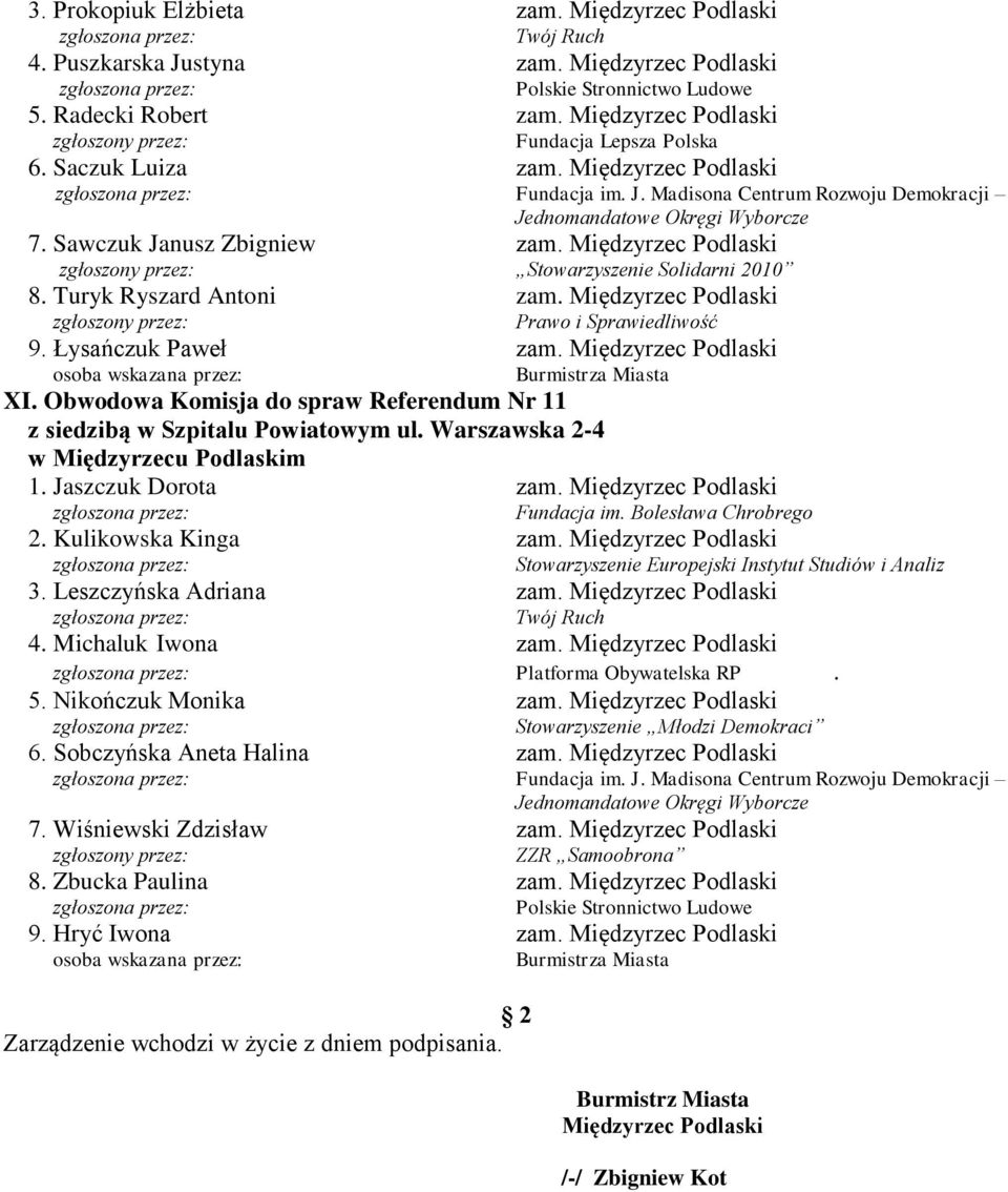 Obwodowa Komisja do spraw Referendum Nr 11 z siedzibą w Szpitalu Powiatowym ul. Warszawska 2-4 1. Jaszczuk Dorota 2. Kulikowska Kinga 3. Leszczyńska Adriana 4.