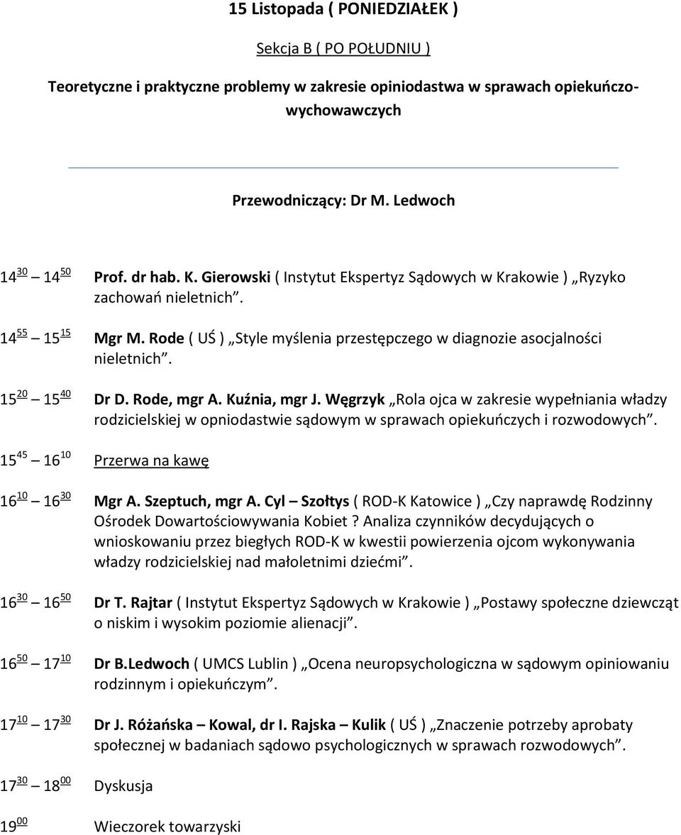 15 20 15 40 Dr D. Rode, mgr A. Kuźnia, mgr J. Węgrzyk Rola ojca w zakresie wypełniania władzy rodzicielskiej w opniodastwie sądowym w sprawach opiekuoczych i rozwodowych.