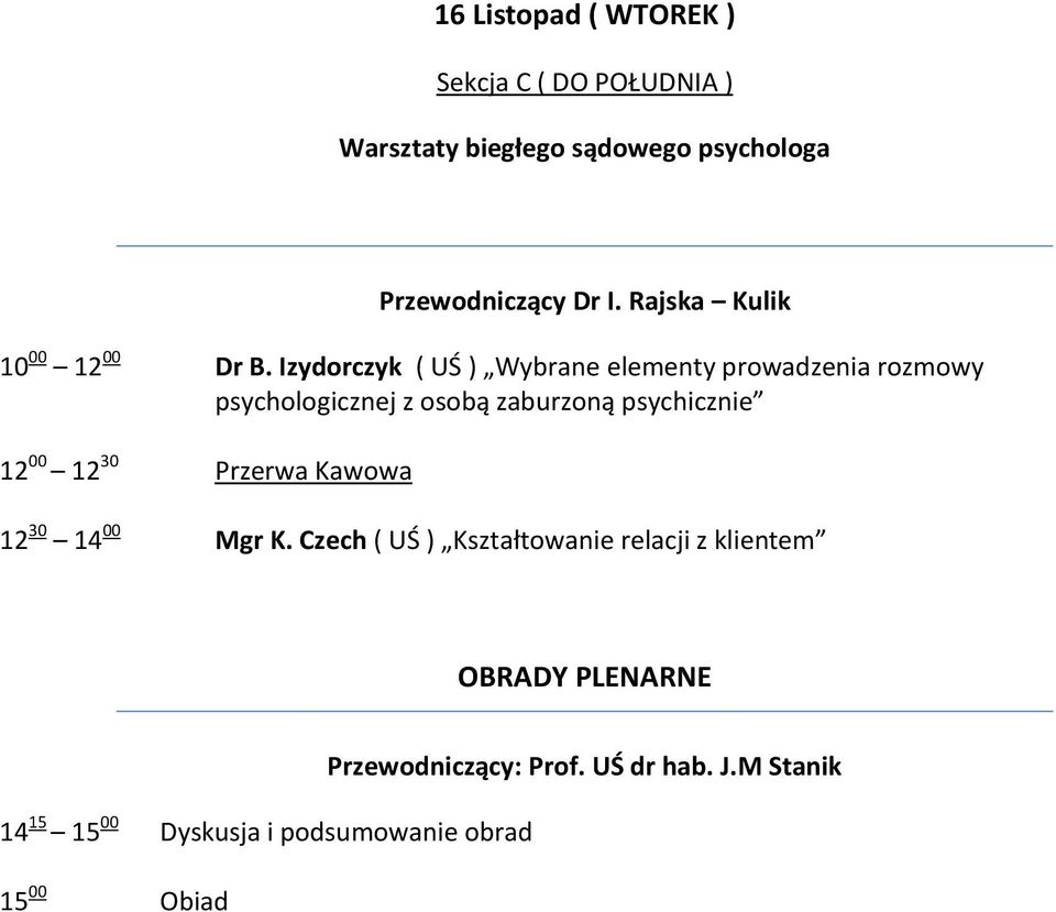 Izydorczyk ( UŚ ) Wybrane elementy prowadzenia rozmowy psychologicznej z osobą zaburzoną psychicznie 12 00