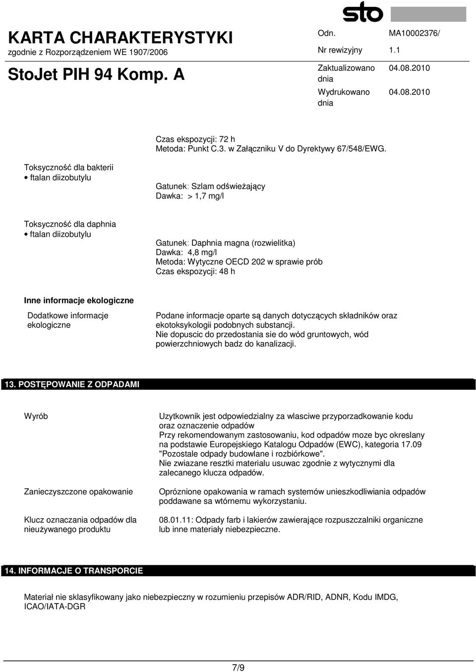 Wytyczne OECD 202 w sprawie prób Czas ekspozycji: 48 h Inne informacje ekologiczne Dodatkowe informacje ekologiczne Podane informacje oparte są danych dotyczących składników oraz ekotoksykologii